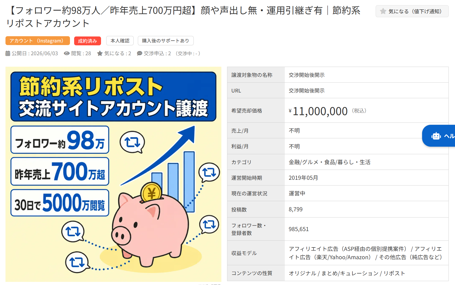 フォロワー約98万人の節約系SNSアカウント譲渡案件の紹介画面